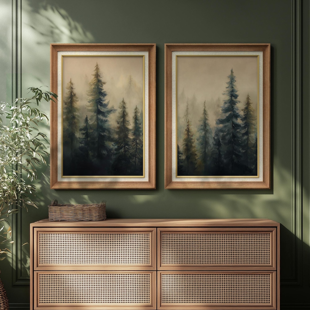 Framed Misty Pine Tree Forest Wall Art Set of 2, Moody Woodland ...