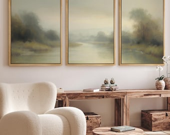 Tranquil River Wall Art - Set of 3 Framed Misty Landscape Canvas Prints, Soft Green Waterway Scenes, Zen Nature Decor for Living Room