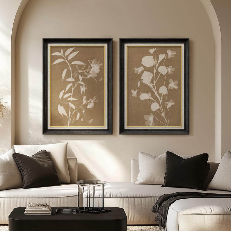 Framed Neutral Botanical Wall Art Set of 2, Beige Floral Silhouette ...