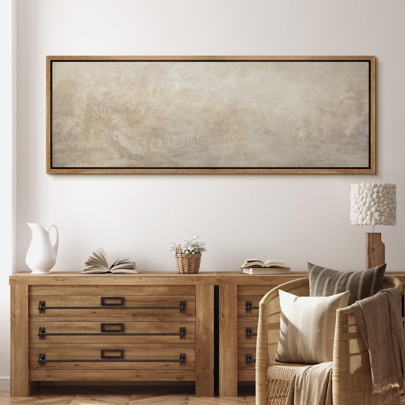 Minimalist Misty Landscape Wall Art, Large Framed Neutral Beige Nature ...