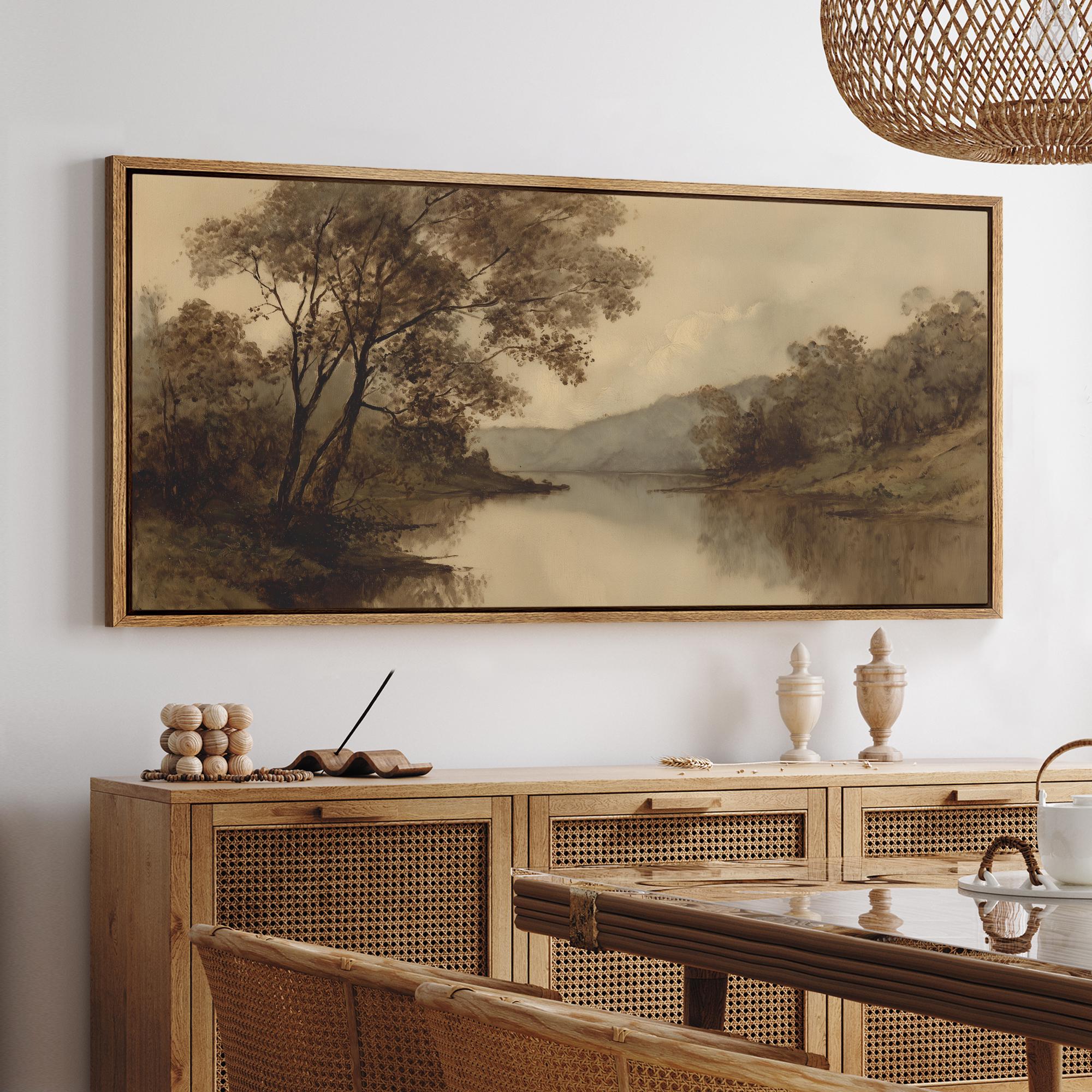 Large Framed Vintage River Landscape Wall Art, Misty Mountain Lake ...