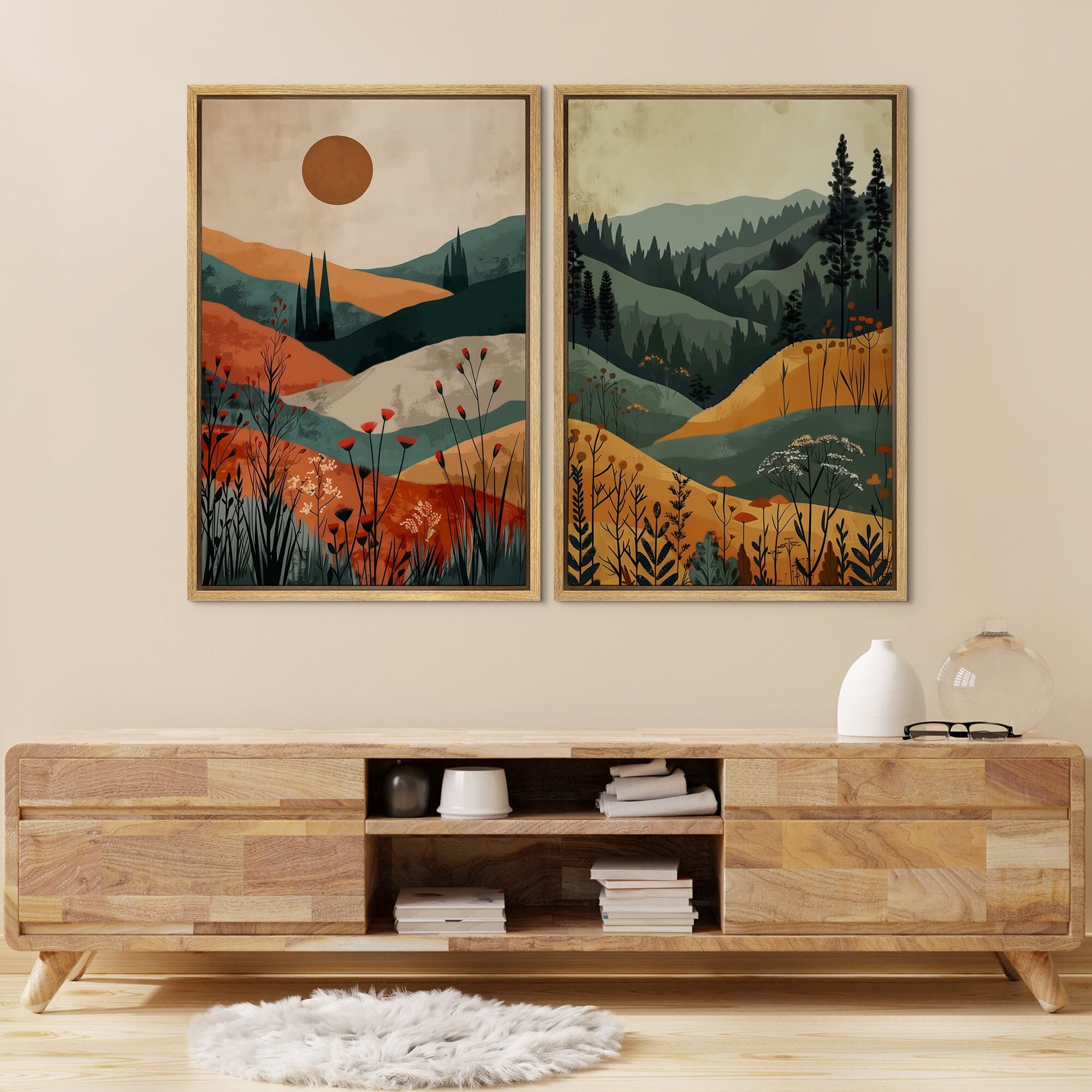 Framed Canvas Print Wall Art Set of 2 Mountain Forest Nature Landscape ...