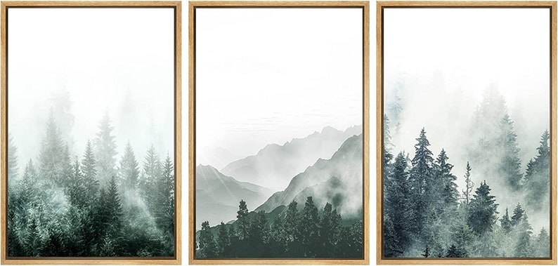 Dustinway Framed Canvas Print Wall Art Set of 3 Green Forest Mountain ...