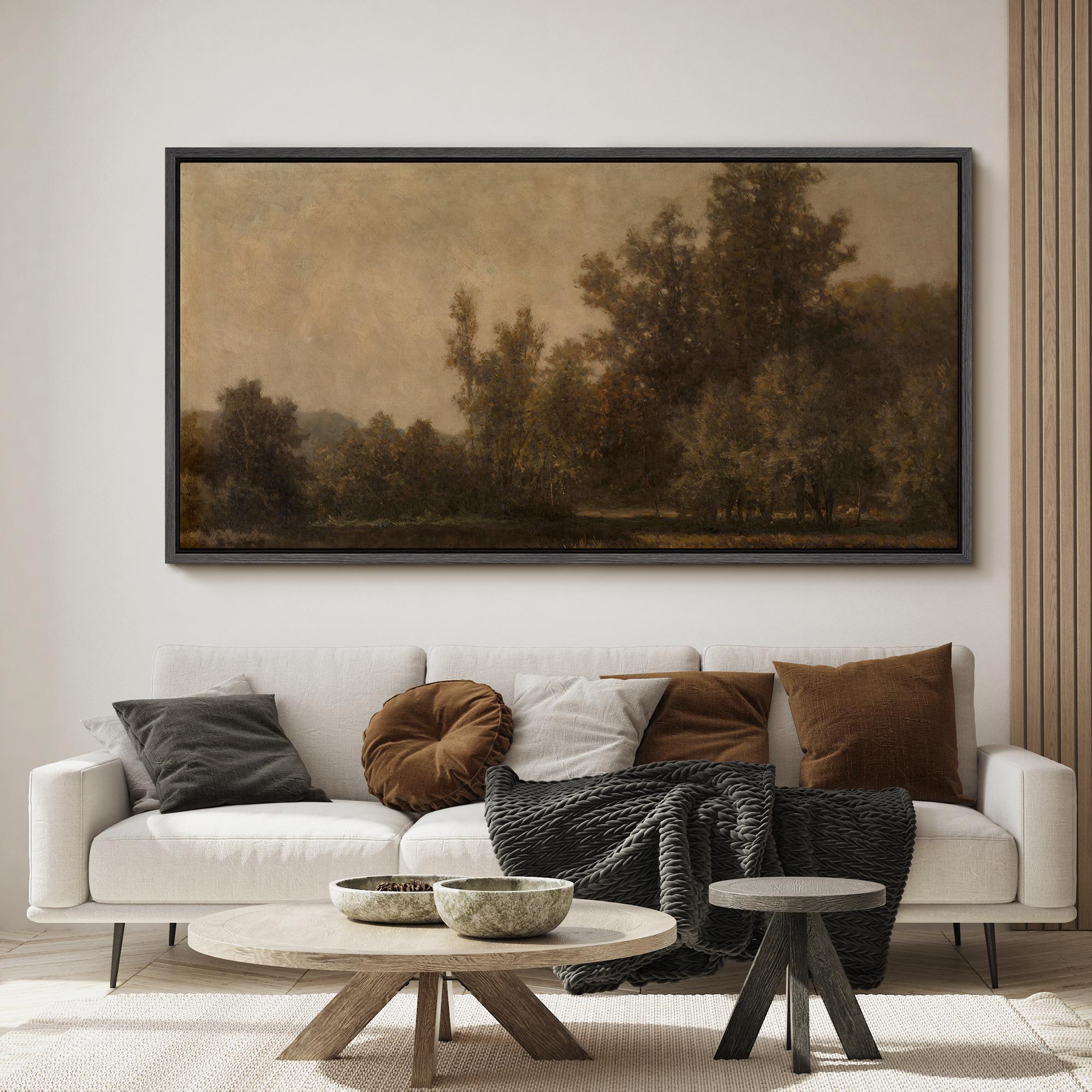 Autumn Woodland Landscape Wall Art, Large Framed Vintage Neutral