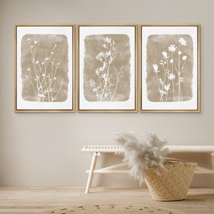 DustinWay Framed Canvas Print Wall Art Set of 3 Wildflower Floral Botanical Illustrations Minimalist Art Neutral Modern Farmhouse Decor