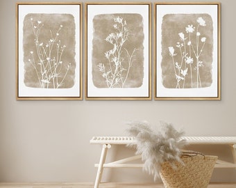 DustinWay Framed Canvas Print Wall Art Set of 3 Wildflower Floral Botanical Illustrations Minimalist Art Neutral Modern Farmhouse Decor