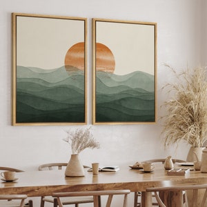 Framed Canvas Wall Art Set of 2 Rising Sun Over Green Mountain Print Abstract Minimalist Landscape Artwork Mid Century Boho Bedroom Decor