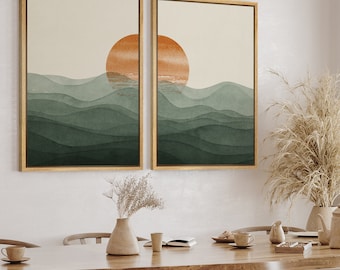 Framed Canvas Wall Art Set of 2 Rising Sun Over Green Mountain Print Abstract Minimalist Landscape Artwork Mid Century Boho Bedroom Decor