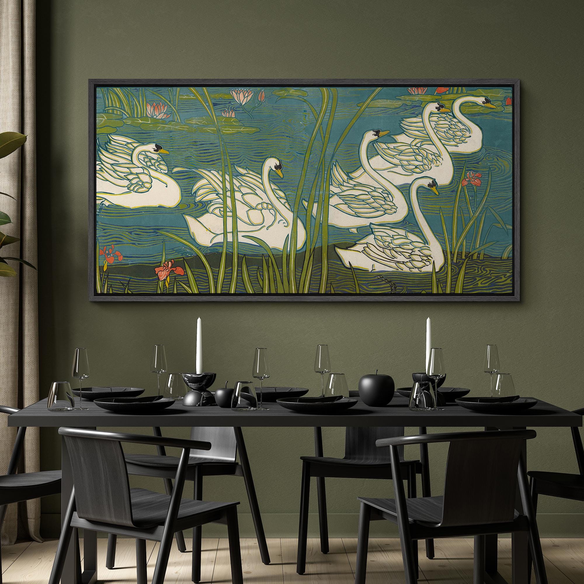 Art Nouveau Swan Lake Wall Art - Large Framed White Swans & Water ...