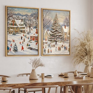 Christmas Village Wall Art Set of 2, Framed Vintage Winter Landscape Canvas Prints, Festive Snowy Town Art for Living Room or Holiday Decor