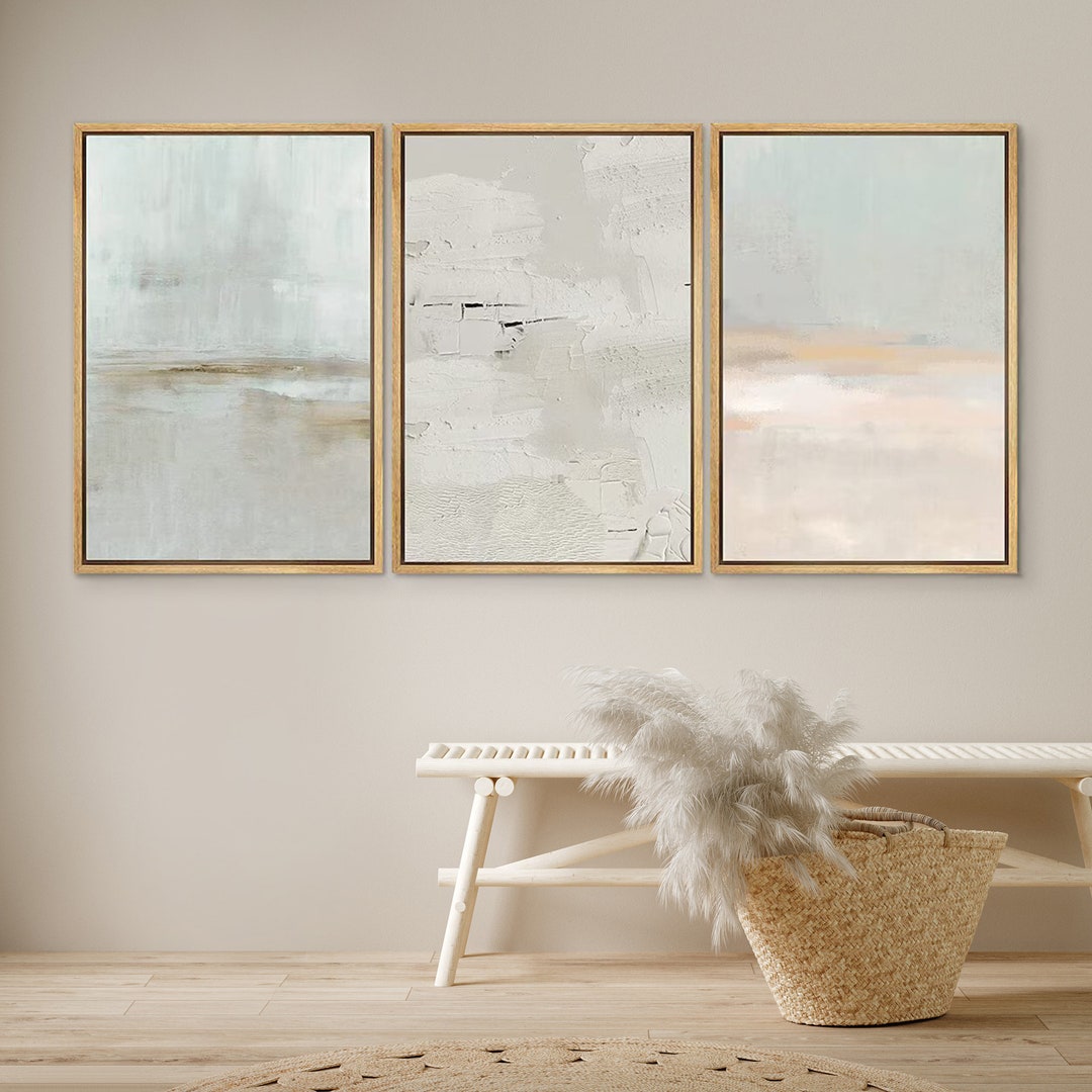 Dustinway Framed Canvas Wall Art Prints Set of 3 Abstract Teal Beige ...