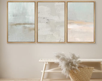 DustinWay Framed Canvas Wall Art Prints Set of 3 Abstract Teal Beige Gray Pastel Painting Print Modern Art Minimalist Decor