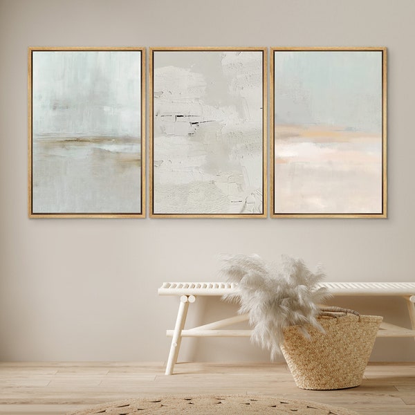 DustinWay Framed Canvas Print Wall Art Set Teal Beige Gray Pastel Abstract Painting Modern Art Minimalist Decor