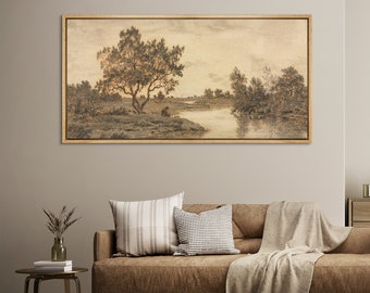 Framed Canvas Large Wall Art Print Vintage Forest Woodland Landscape Wall Art Illustrations Nature Panoramic Wall Art Living Room Decor