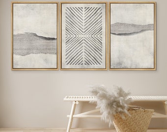 DustinWay Framed Canvas Print Wall Art Set of 3 Abstract Gray Line Art Prints Neutral Minimalist Modern Wall Decor