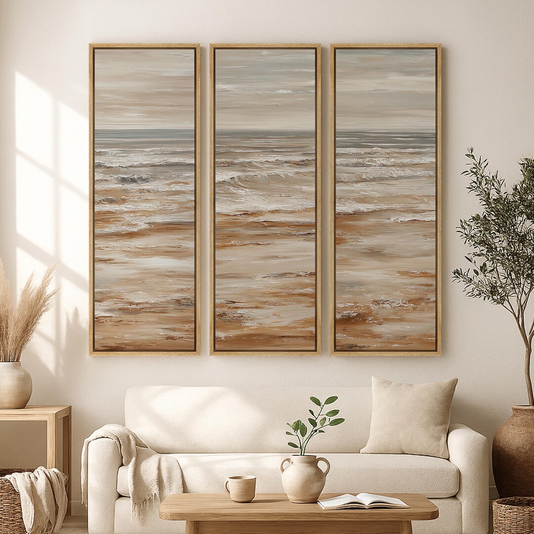 Large Framed Neutral Coastal Wall Art Set of 3, Minimalist Ocean Wave ...