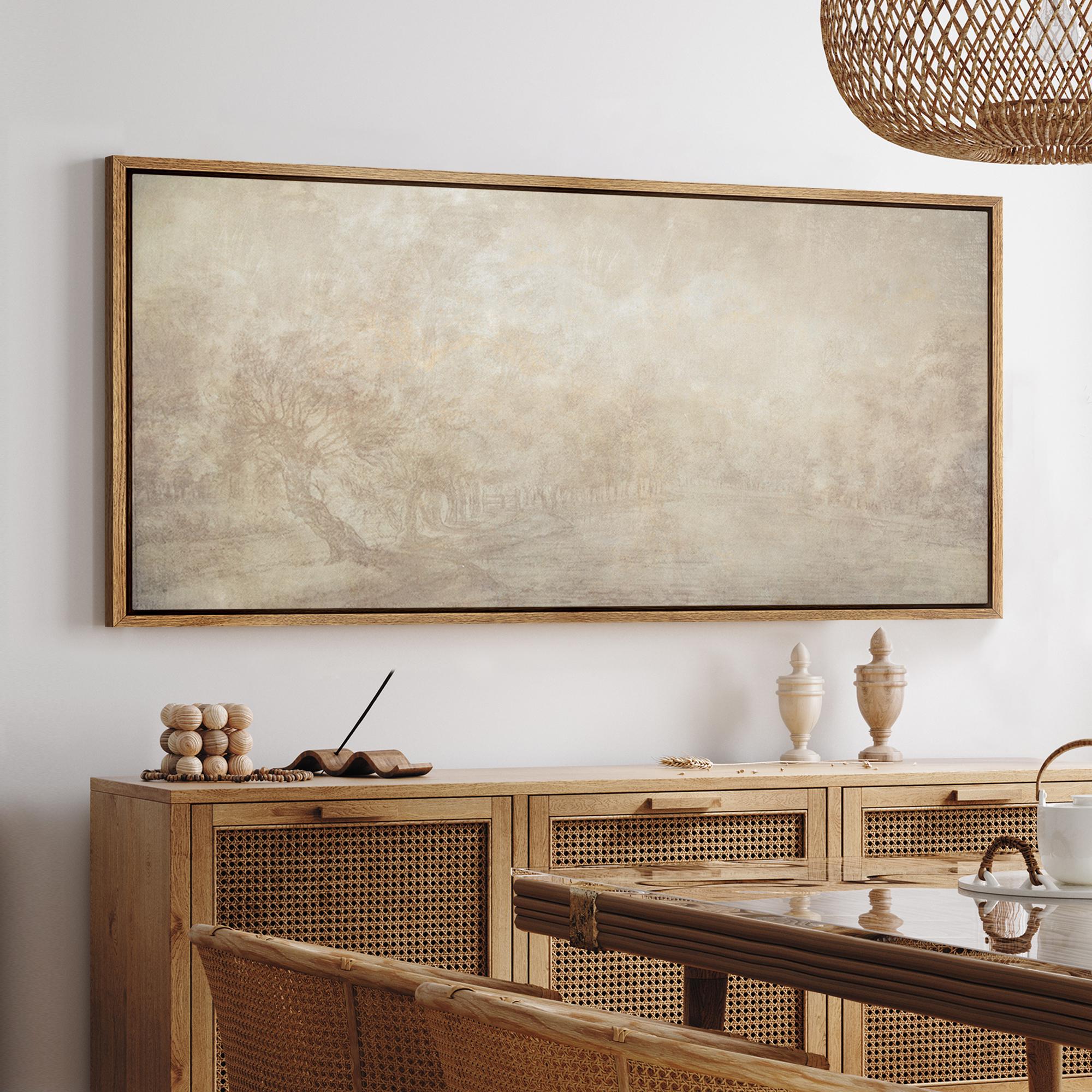 Minimalist Misty Landscape Wall Art, Large Framed Neutral Beige