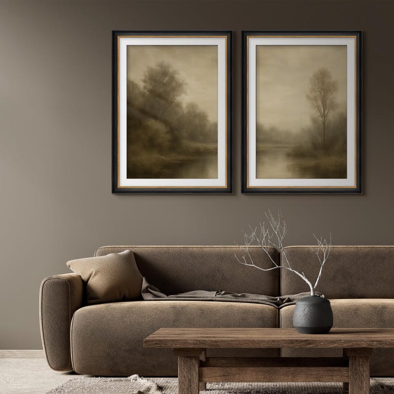 Framed Sepia Lake Landscape Wall Art Set of 2, Misty Forest Prints ...