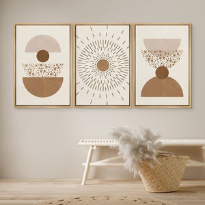 Tinonedraw Boho Mountain Framed Canvas Wall Art Set, Mid Century Modern Geometric Line Wall Decor, Bohemian Sun And Moon Art Paintings