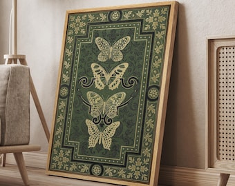Framed Canvas Wall Art Prints Abstract Green Butterfly Art Print Poster Illustration Vintage Retro Rustic Wall Art Living Room Decor