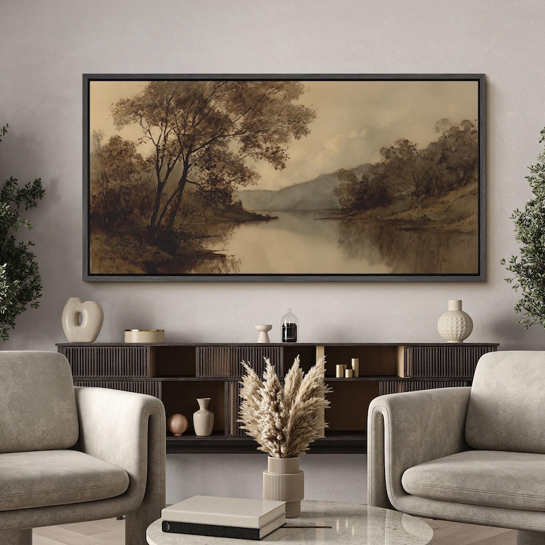 Large Framed Vintage River Landscape Wall Art, Misty Mountain Lake ...
