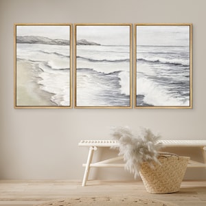 DustinWay Framed Canvas Print Wall Art Set of 3 Nautical Beach Ocean Wave Oil Painting Prints Minimalist Modern Art Boho Coastal Decor