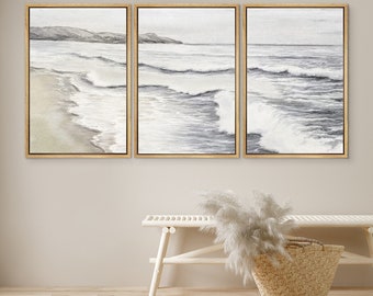 DustinWay, toile encadrée, impression d'art mural, lot de 3 impressions de peinture à l'huile de plage nautique, vagues de l'océan, art moderne minimaliste, décoration côtière bohème