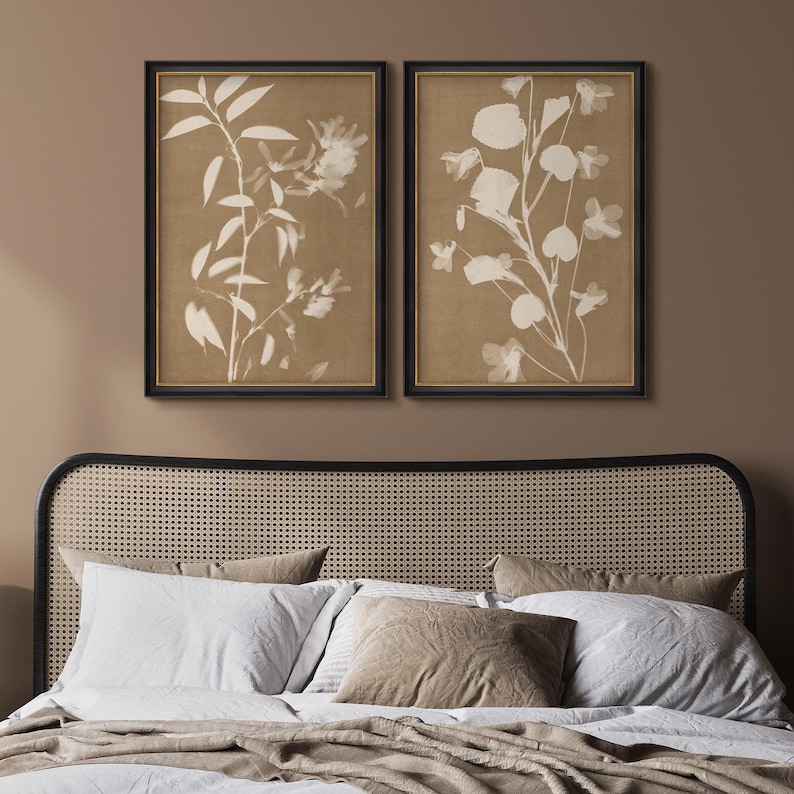 Framed Neutral Botanical Wall Art Set of 2, Beige Floral Silhouette ...