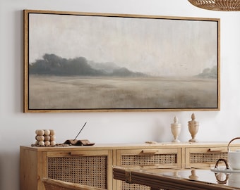 Lienzo enmarcado de arte de pared grande, paisaje minimalista, impresiones de naturaleza neutra, lienzo de prado brumoso, pintura de serenidad moderna, decoración rústica de granja