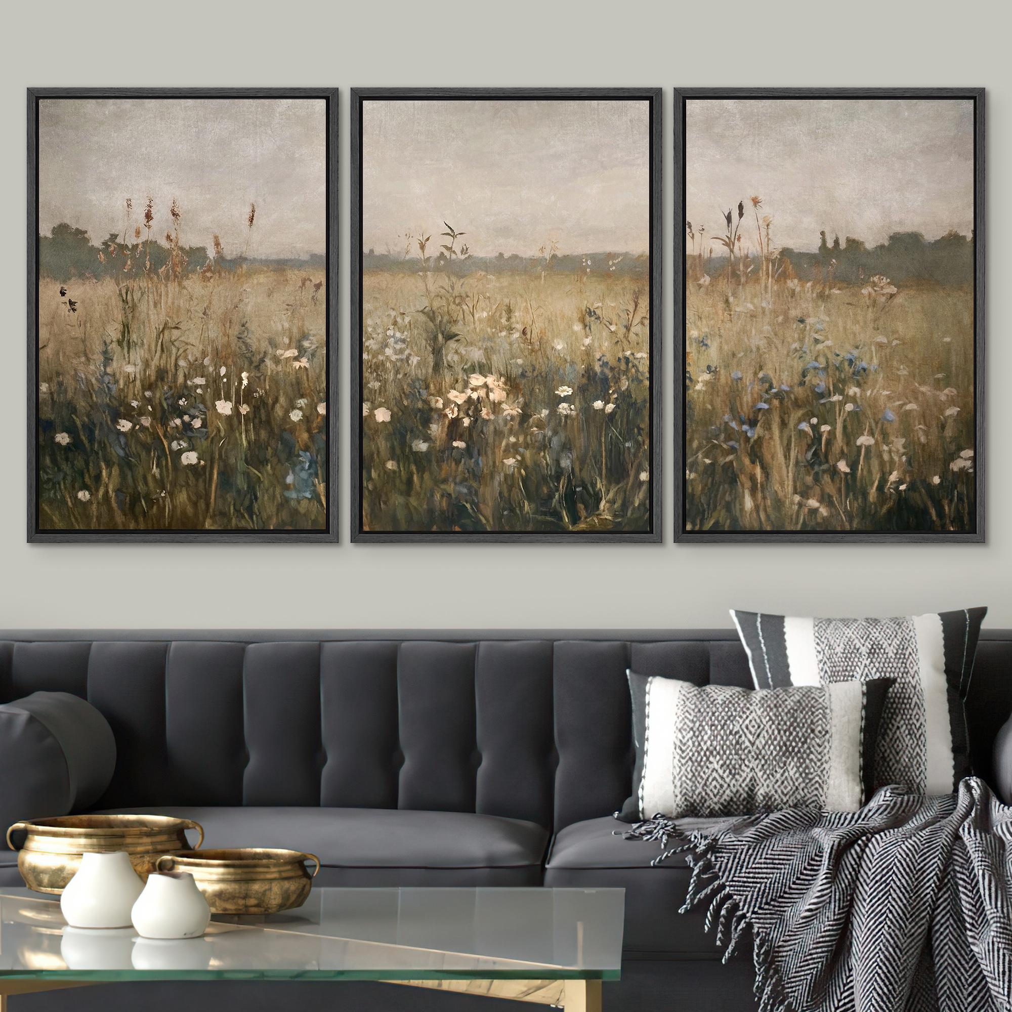 Vintage Wildflower Art - Framed Meadow Landscape Canvas Set of 3 ...