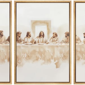 May include: A triptych painting depicting a scene of the Last Supper.  The painting is done in a muted palette of browns and tans.  The figures are seated at a long table, with Jesus Christ at the center.