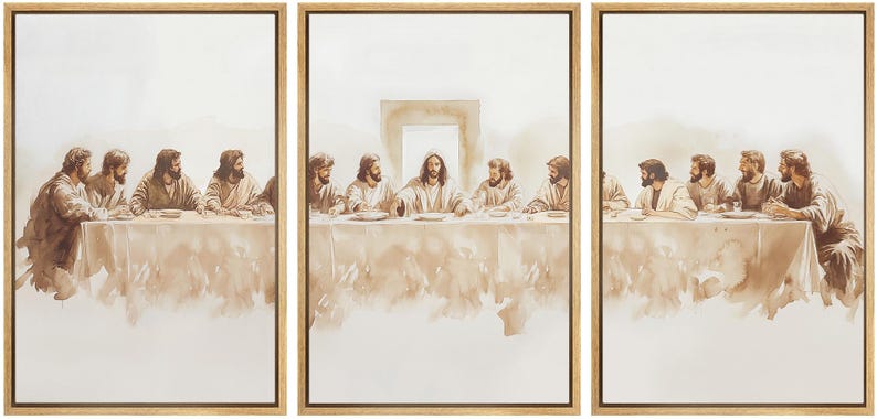 May include: A triptych painting depicting a scene of the Last Supper.  The painting is done in a muted palette of browns and tans.  The figures are seated at a long table, with Jesus Christ at the center.