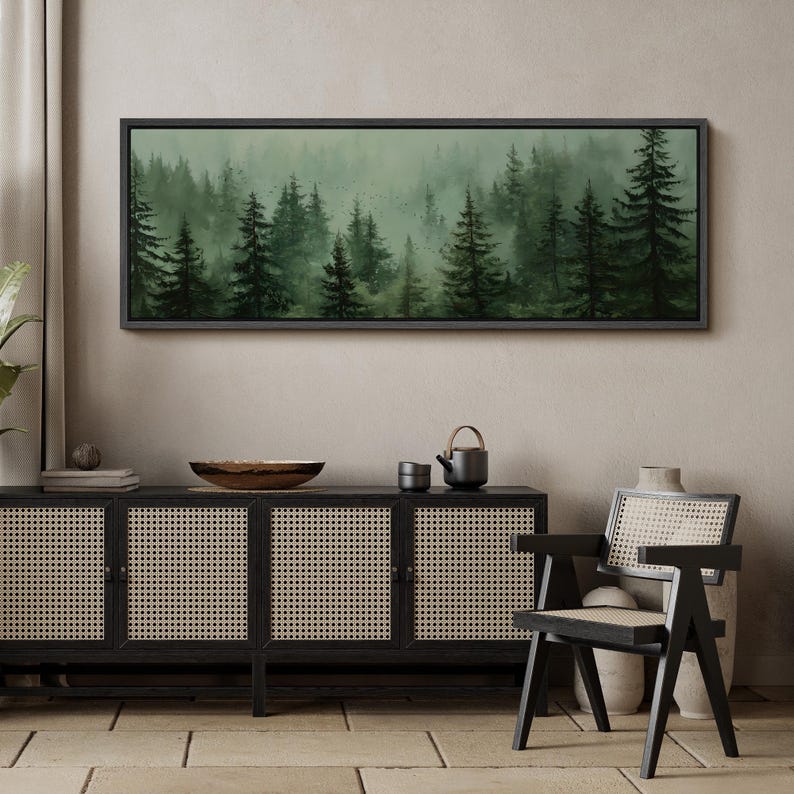 Misty Forest Wall Art - Large Framed Dark Green Pine Tree Canvas Print ...