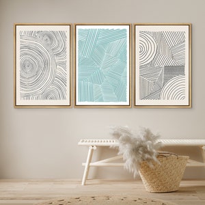 DustinWay Framed Canvas Print Wall Art Set of 3 Geometric Blue Black Polygon Pattern Abstract Shapes Drawings Modern Art Minimalist Decor