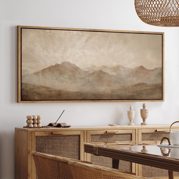 Large Framed Neutral Mountain Landscape Wall Art, Minimal Earth Tone Abstract Canvas Print, Calm Nature Decor for Living Room or Office
