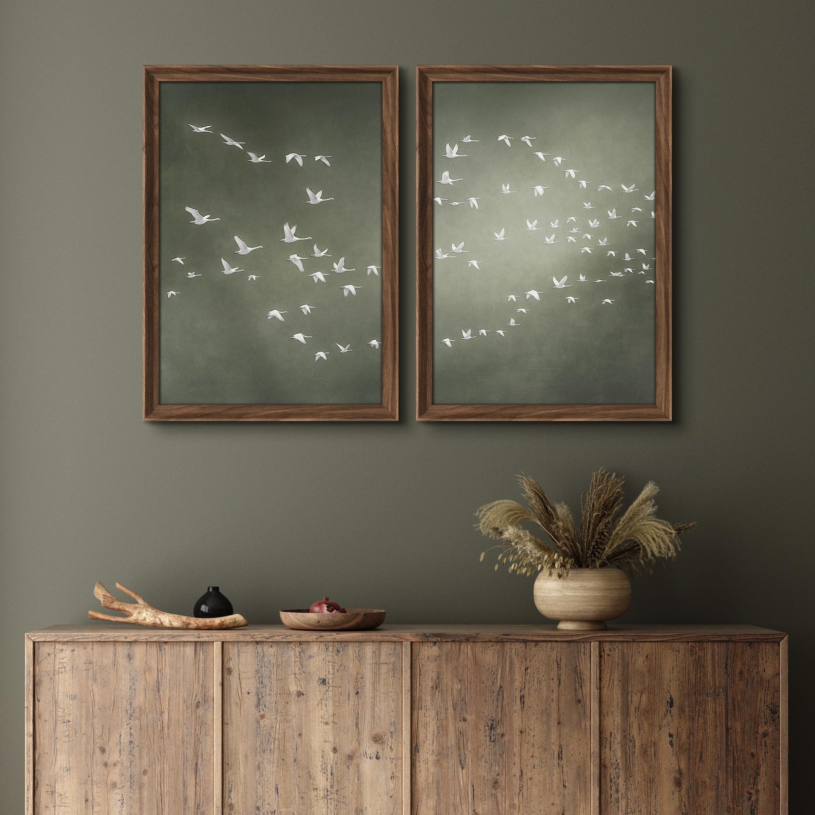 Framed Flying White Birds Wall Art Set of 2, Minimalist Green Prints ...