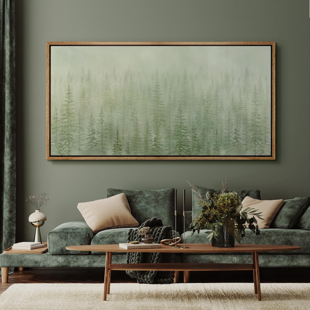 Misty Forest Wall Art - Large Framed Minimalist Green Pine Tree ...