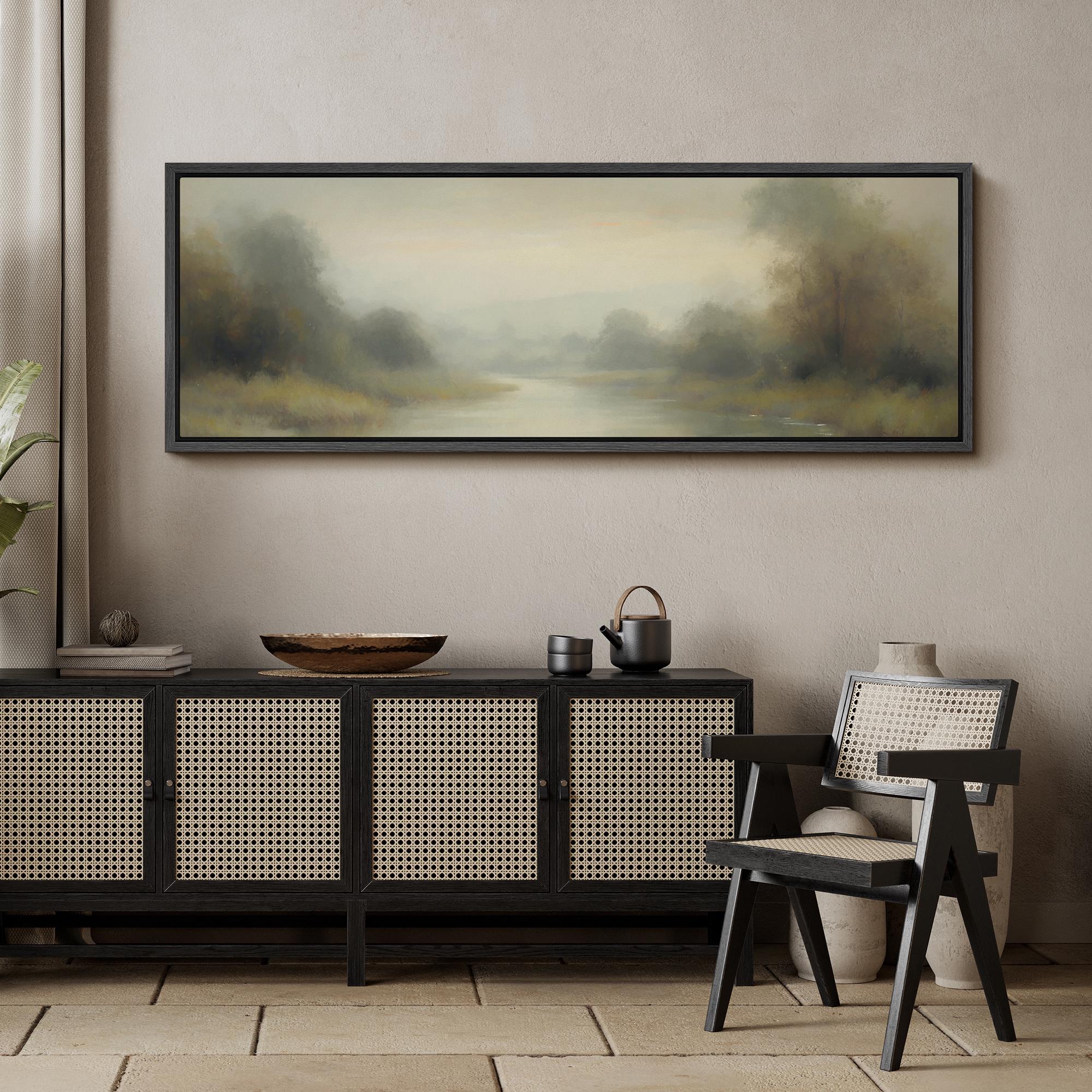 Misty River Wall Art - Large Framed Tranquil Landscape Canvas, Soft ...