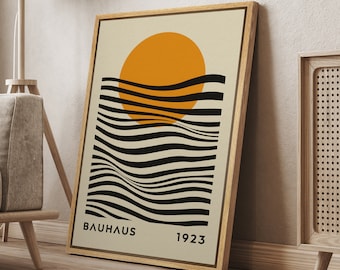 DustinWay Framed Canvas Print Wall Art Bauhaus Sun and Waves Abstract Illustration Mid Century Modern Wall Art Minimalist Decor