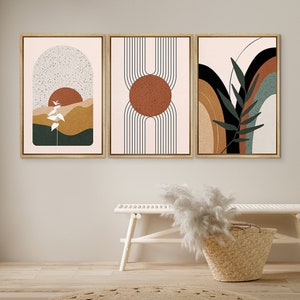 DustinWay Framed Canvas Print Wall Art Set of 3 Desert Dune Jungle Palm Leaf Abstract Nature Illustration Mid Century Modern Art Boho Decor