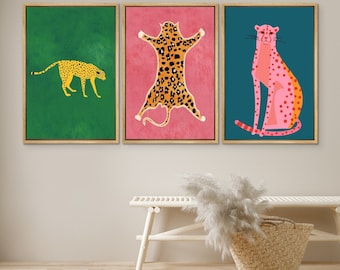 DustinWay Framed Canvas Print Wall Art Set Cheetah Cats Animal Modern Boho Art Preppy Room Decor