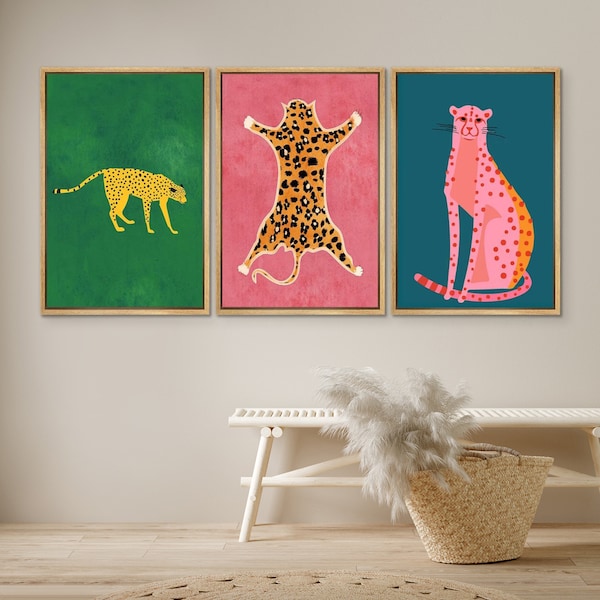 Juego de 3 cuadros de pared con estampado de leopardo colorido, lámina minimalista de guepardo en lienzo, decoración moderna de estilo bohemio preppy para habitaciones.