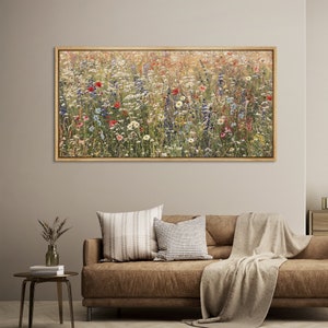 Framed Canvas Large Wall Art Wildflower Field Vintage Landscape Prints Botanical Floral Panoramic Wall Art Living Room Decor