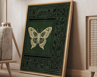 Framed Canvas Wall Art Prints Abstract Green Butterfly Flower Art Print Illustration Vintage Retro Rustic Wall Art Living Room Decor