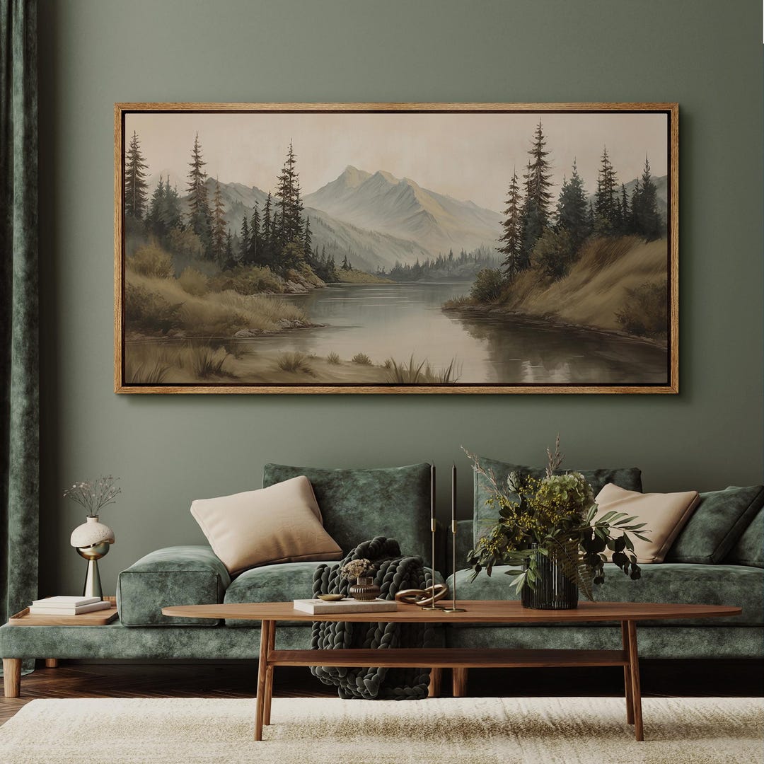 Large Framed Vintage Mountain Landscape Wall Art, Calm Lake Pine Tree ...
