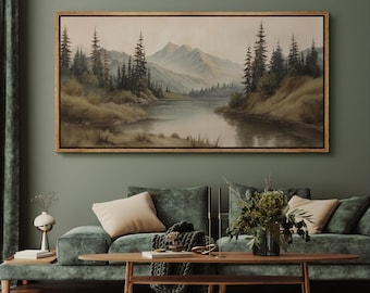 Large Framed Vintage Mountain Landscape Wall Art, Calm Lake Pine Tree Forest Canvas Print, Rustic Nature Decor for Living Room