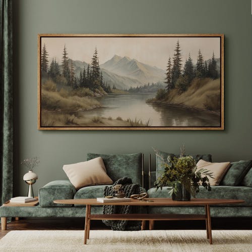 Grande oeuvre d'art murale vintage encadrée de paysage de montagne, impression sur toile calme de forêt de pins de lac, décoration rustique de nature pour le salon