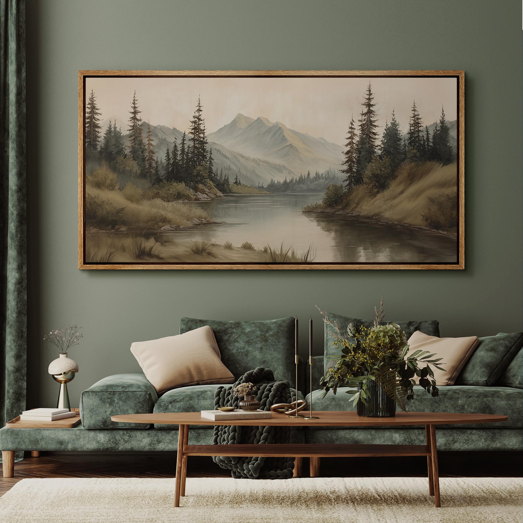 Large Framed Vintage Mountain Landscape Wall Art, Calm Lake Pine Tree ...
