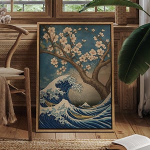 Japanese Wave & Sakura Wall Art - Framed Ukiyo-e Style Canvas Print, Cherry Blossom Ocean Landscape for Zen Bedroom or Asian-Inspired Decor