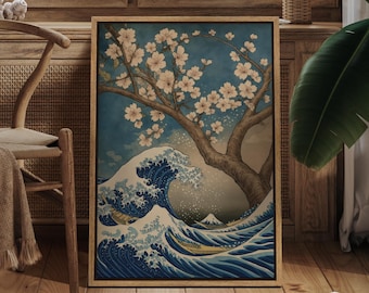 Japanese Wave & Sakura Wall Art - Framed Ukiyo-e Style Canvas Print, Cherry Blossom Ocean Landscape for Zen Bedroom or Asian-Inspired Decor